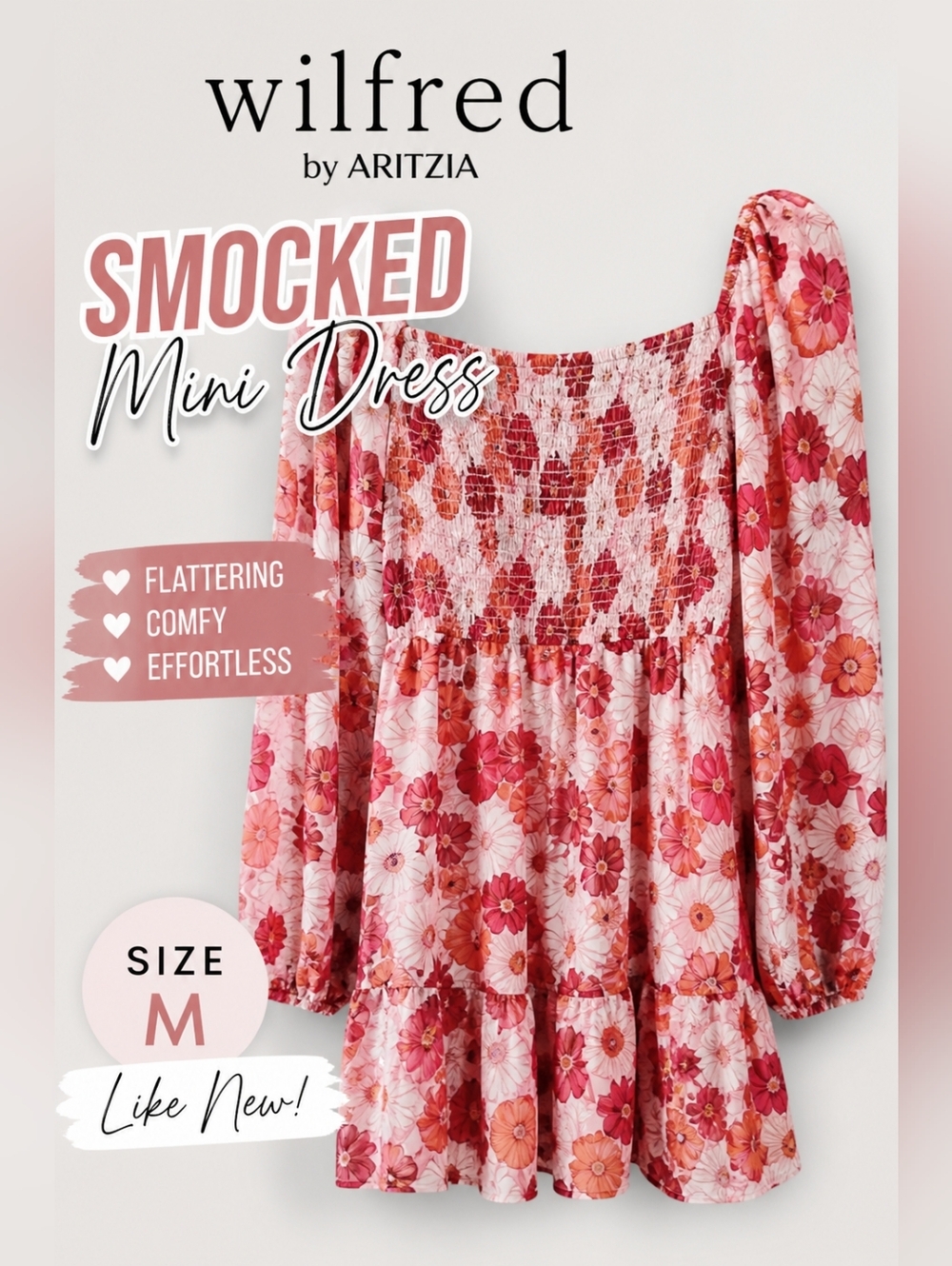 Wilfred Aritzia Floral Smocked Mini Dress Pink Puff Sleeve Boho Medium Like New